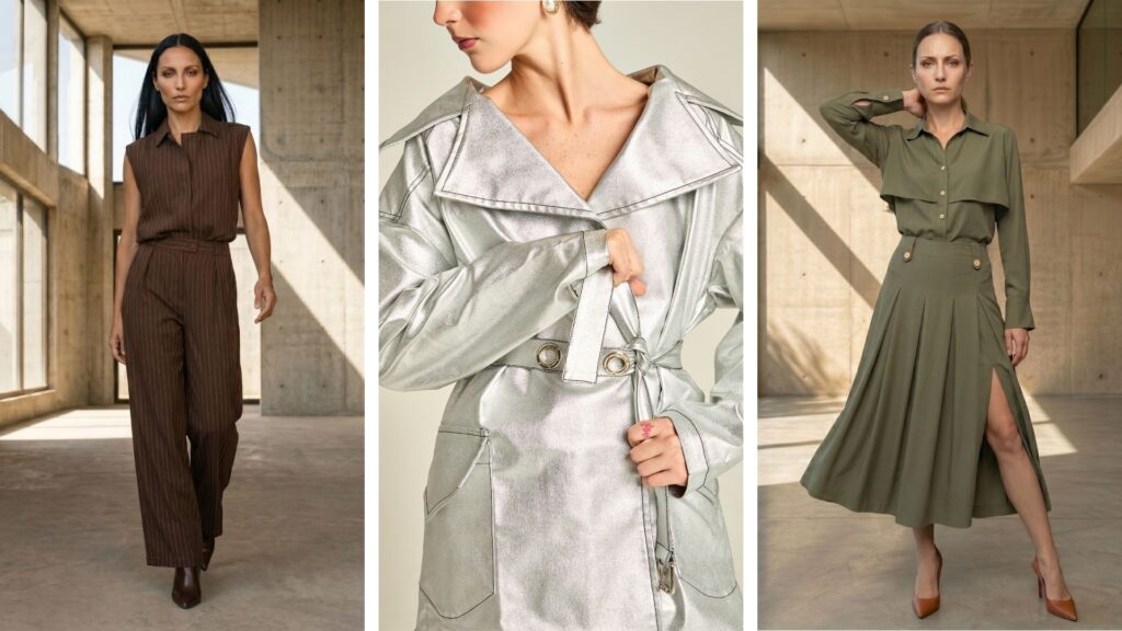 Looks guarda-roupa inteligente Branca Boutique terno marrom risca de giz trench coat prata vestido verde militar guia elegância