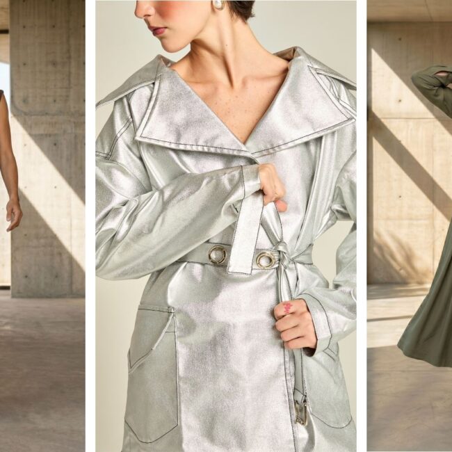 Looks guarda-roupa inteligente Branca Boutique terno marrom risca de giz trench coat prata vestido verde militar guia elegância