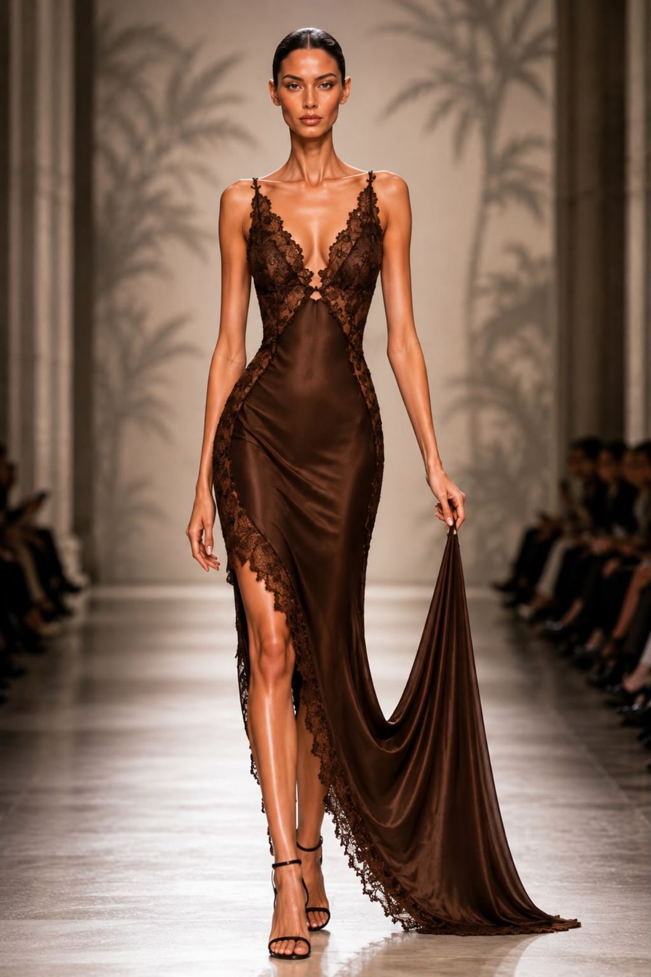Desfile coleção OÁSIS Branca Boutique modelo passarela vestido longo renda marrom chocolate fenda decote V cauda inauguração Itaipava