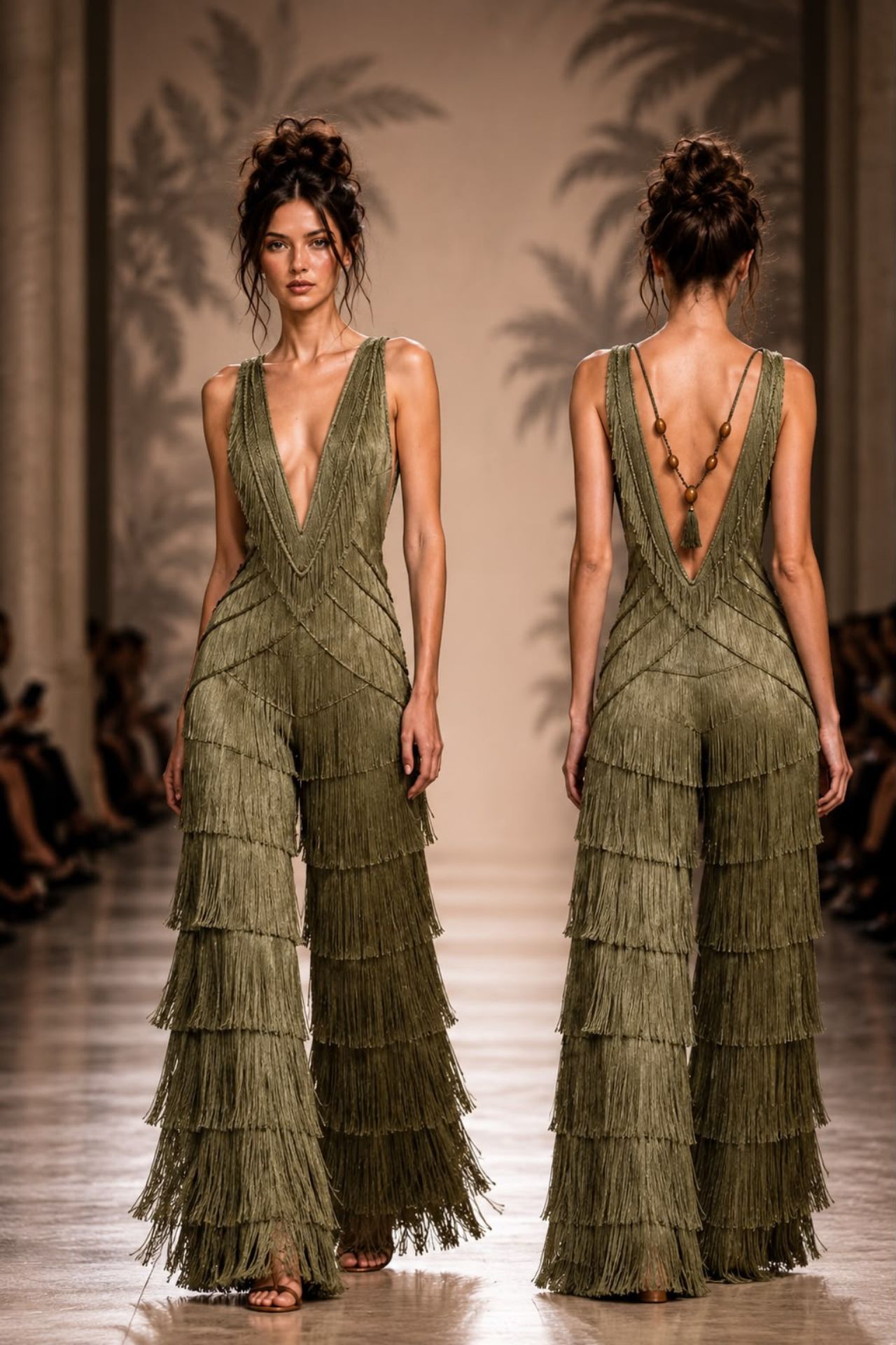 Desfile coleção OÁSIS Branca Boutique duas modelos passarela macacão franjas verde oliva frente costas inauguração Itaipava