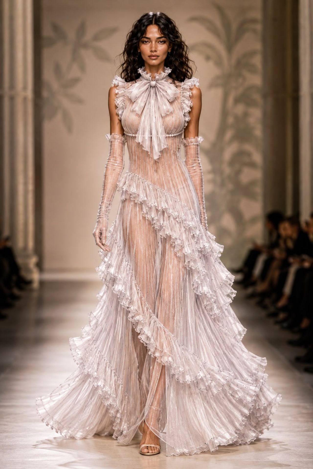Desfile coleção OÁSIS Branca Boutique modelo passarela vestido longo plissado babados off-white tule luvas inauguração Itaipava