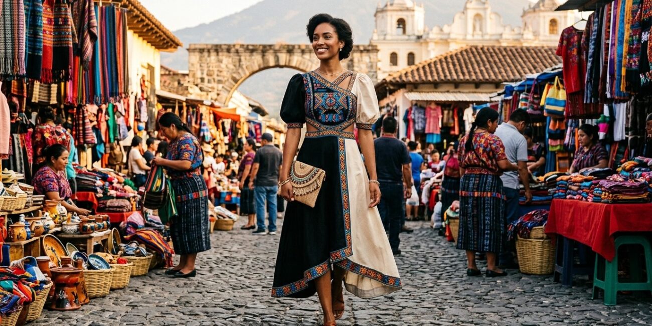 Modelo em peça de moda contemporânea com artesanato cultural em cenário histórico.