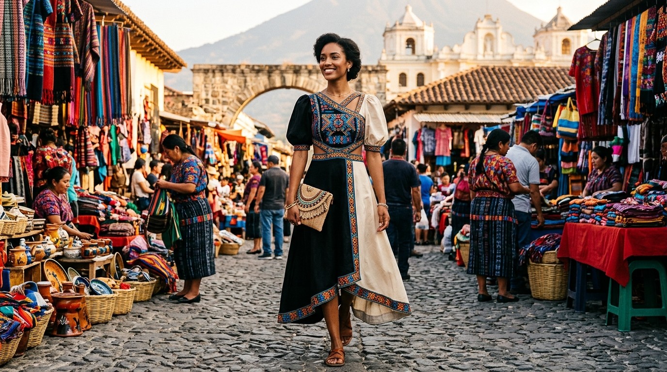 Modelo em peça de moda contemporânea com artesanato cultural em cenário histórico.