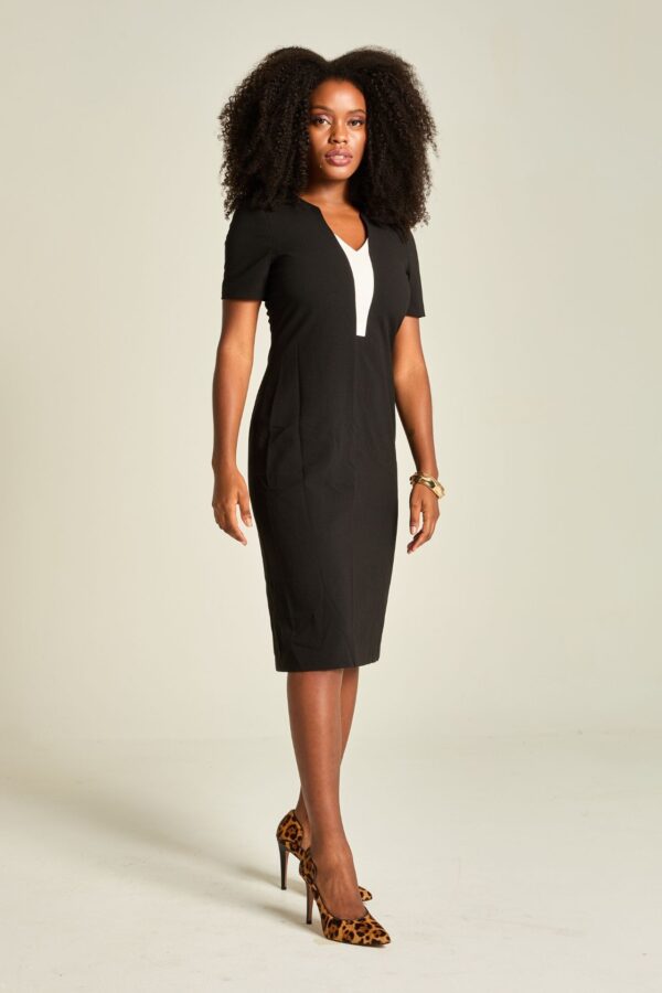 vestido crepe preto branco decote V manga curta midi feminino Branca Boutique