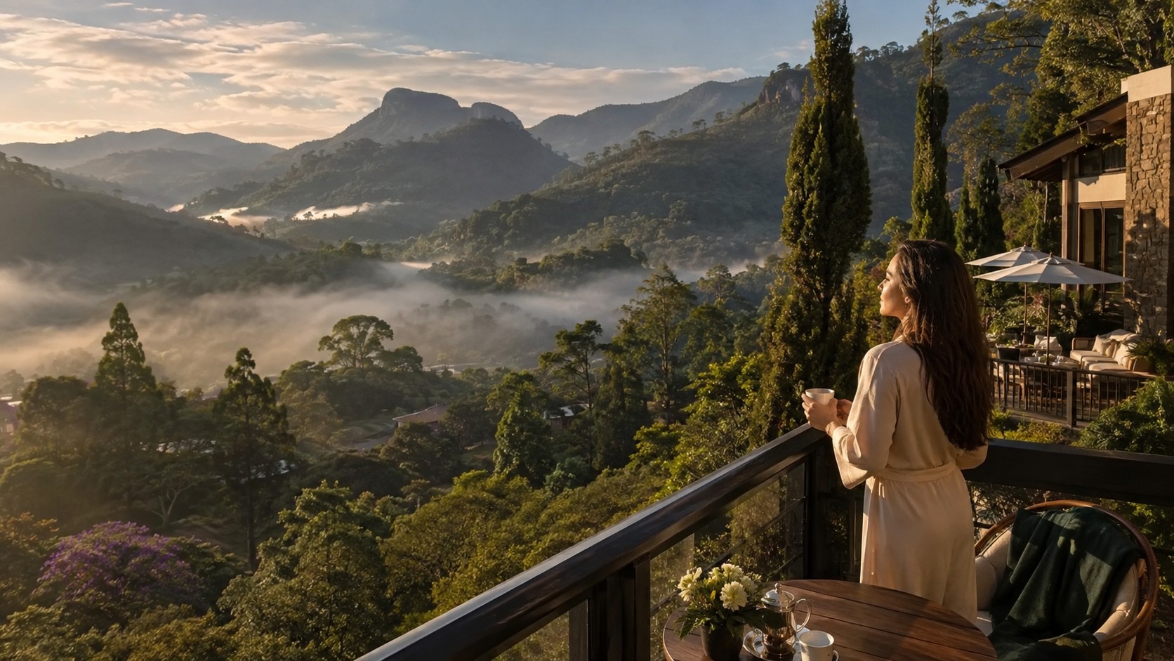 Vista panorâmica da Serra Fluminense com hotel boutique, simbolizando luxo e natureza em Itaipava.