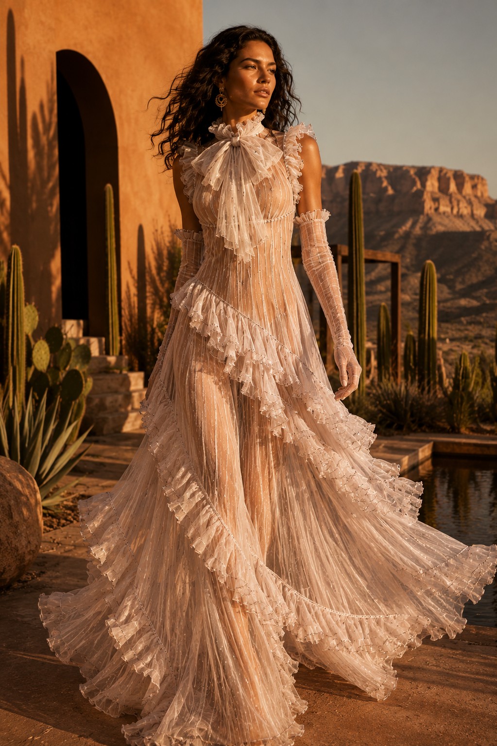 Look editorial coleção OÁSIS vestido longo tule babados marfim deserto luz natural