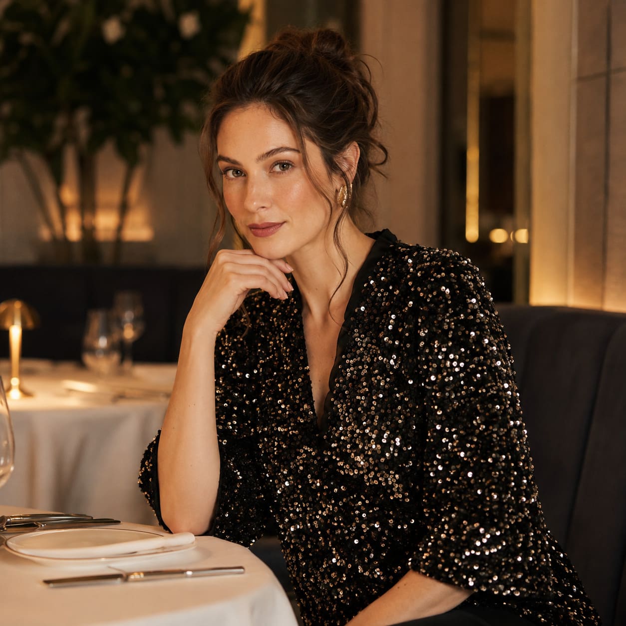 Mulher em jantar especial vestido preto paeteau lantejoulas manga comprida look noturno elegante Branca Boutique