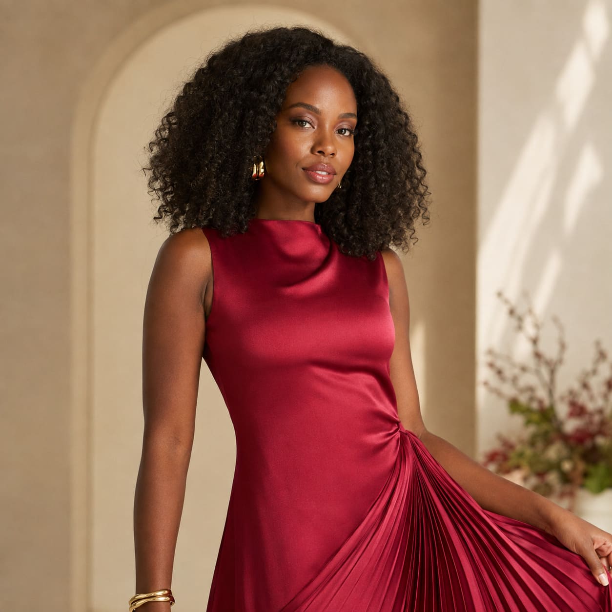 Mulher vestido para madrinha de casamento vermelho vinho satin gola alta plissado look elegante Branca Boutique