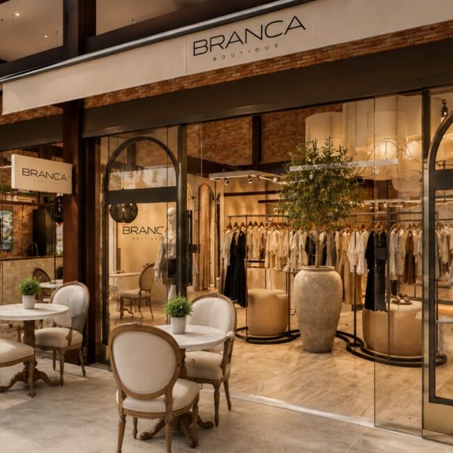 Fachada exterior projeto loja Branca Boutique Itaipava Petrópolis vitrine arcos terrace café cadeiras creme logo