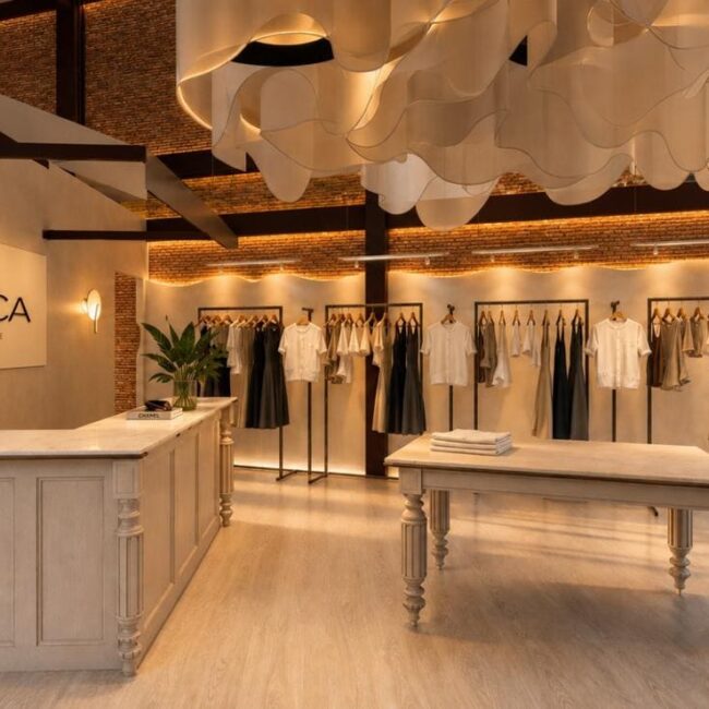 Interior loja Branca Boutique Itaipava Petrópolis logo letreiro balcão araras roupas teto orgânico mesa central vista montanhas