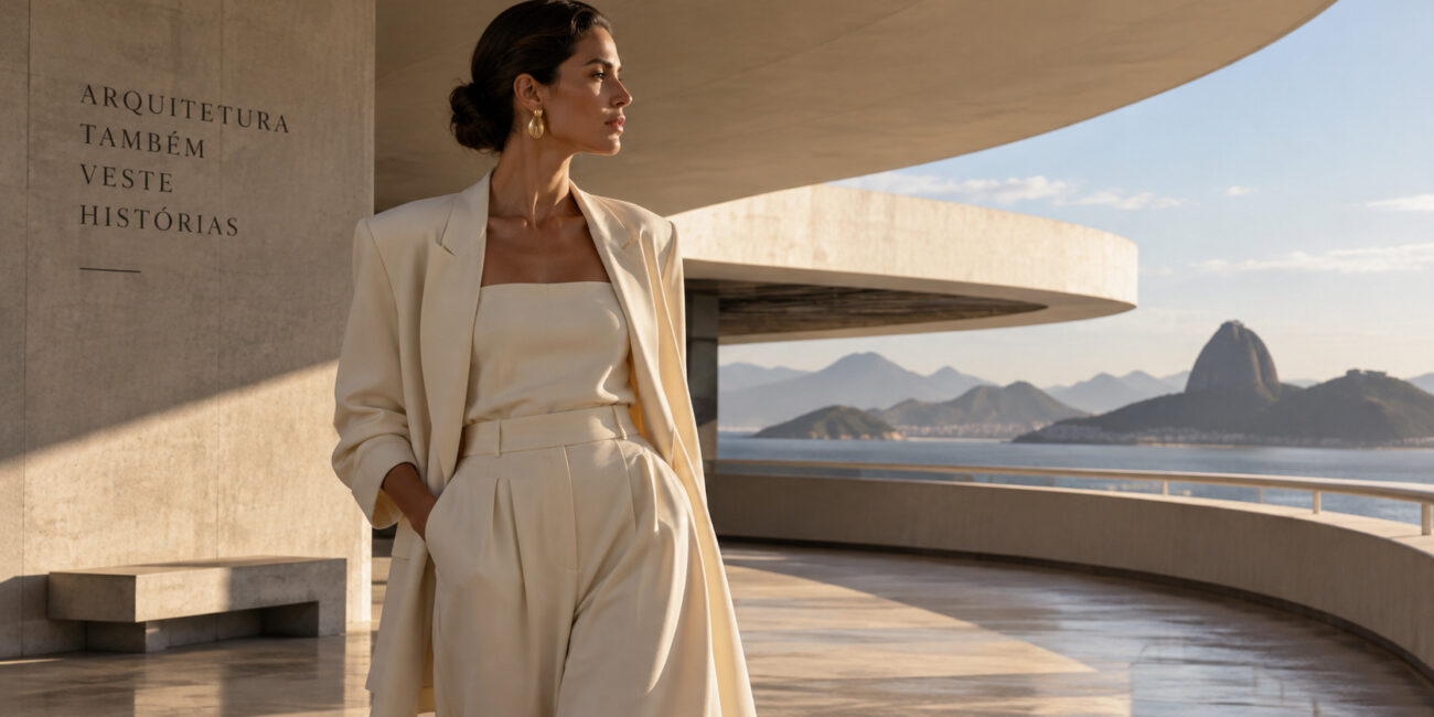 Mulher em look bege sofisticado diante de arquitetura modernista com vista para a Baía de Guanabara – moda e cultura pela Branca Boutique