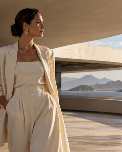 Mulher em look bege sofisticado diante de arquitetura modernista com vista para a Baía de Guanabara – moda e cultura pela Branca Boutique