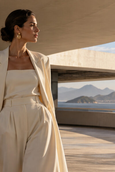 Mulher em look bege sofisticado diante de arquitetura modernista com vista para a Baía de Guanabara – moda e cultura pela Branca Boutique