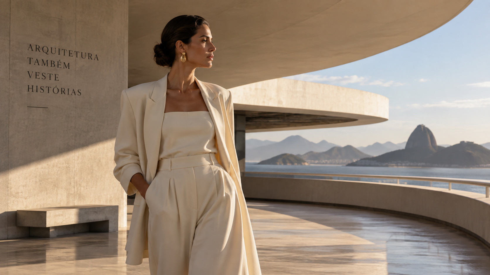 Mulher em look bege sofisticado diante de arquitetura modernista com vista para a Baía de Guanabara – moda e cultura pela Branca Boutique