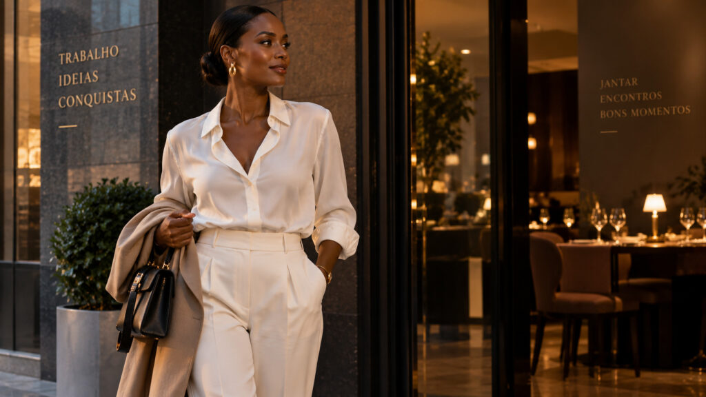Mulher sofisticada em look off-white da reunião ao jantar – camisa acetinada, calça pantalona e bolsa preta estruturada