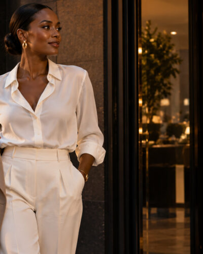 Mulher sofisticada em look off-white da reunião ao jantar – camisa acetinada, calça pantalona e bolsa preta estruturada