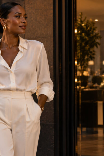 Mulher sofisticada em look off-white da reunião ao jantar – camisa acetinada, calça pantalona e bolsa preta estruturada