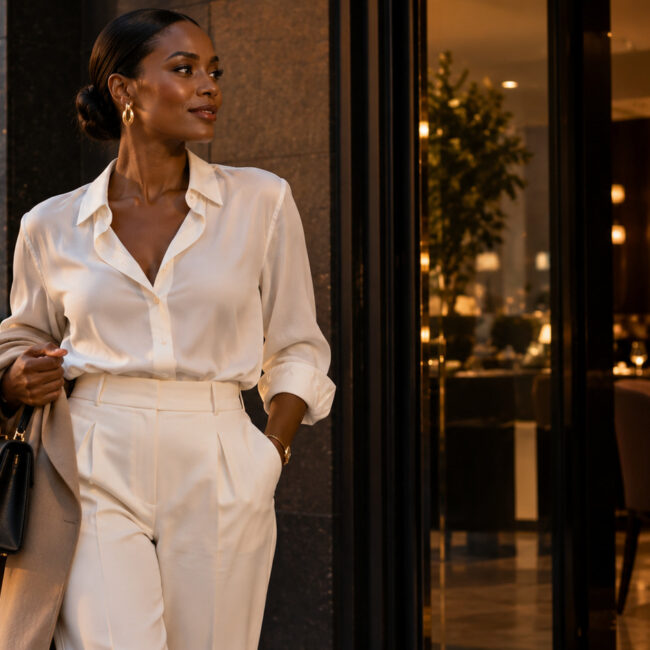 Mulher sofisticada em look off-white da reunião ao jantar – camisa acetinada, calça pantalona e bolsa preta estruturada