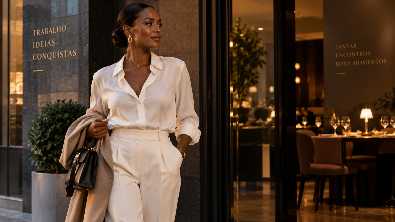 Mulher sofisticada em look off-white da reunião ao jantar – camisa acetinada, calça pantalona e bolsa preta estruturada