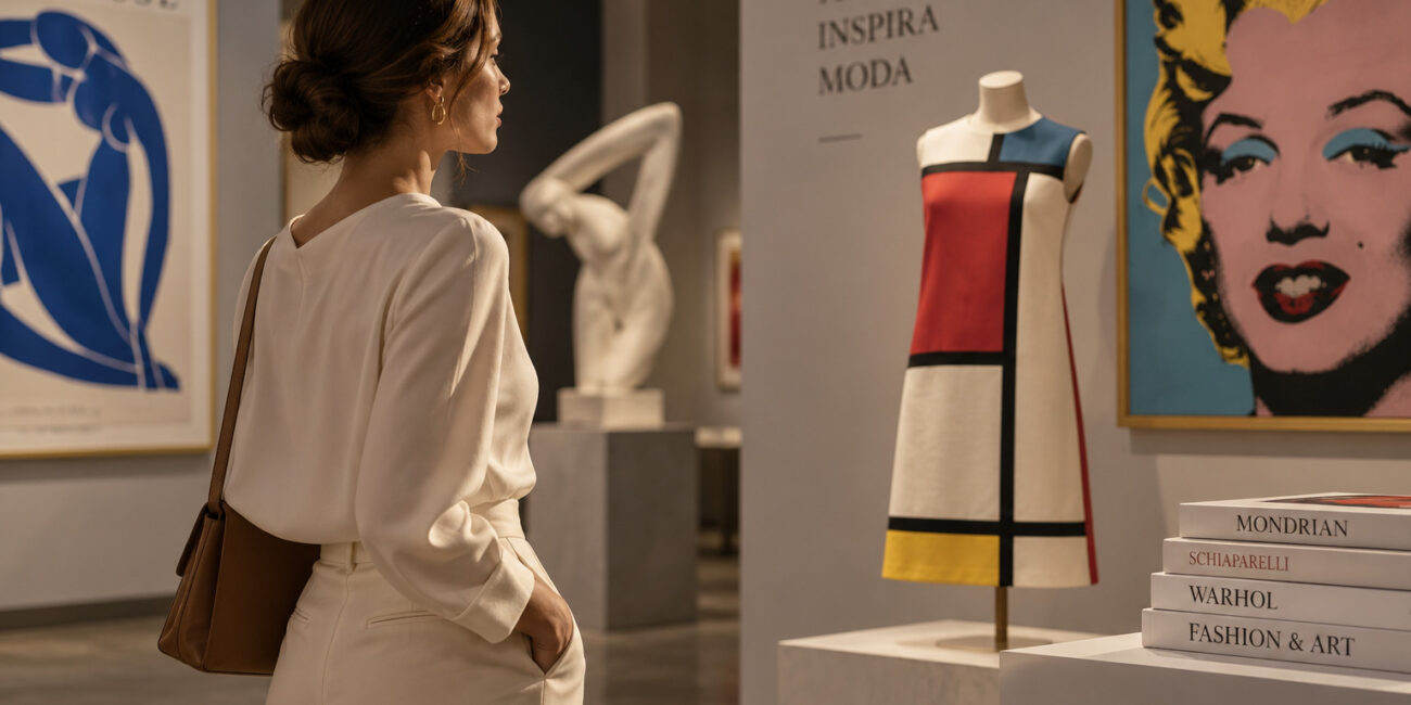 Mulher em galeria de arte contemplando peças que unem moda e arte – Matisse, Mondrian e Warhol como inspiração