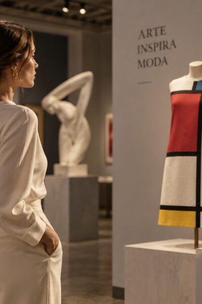 Mulher em galeria de arte contemplando peças que unem moda e arte – Matisse, Mondrian e Warhol como inspiração