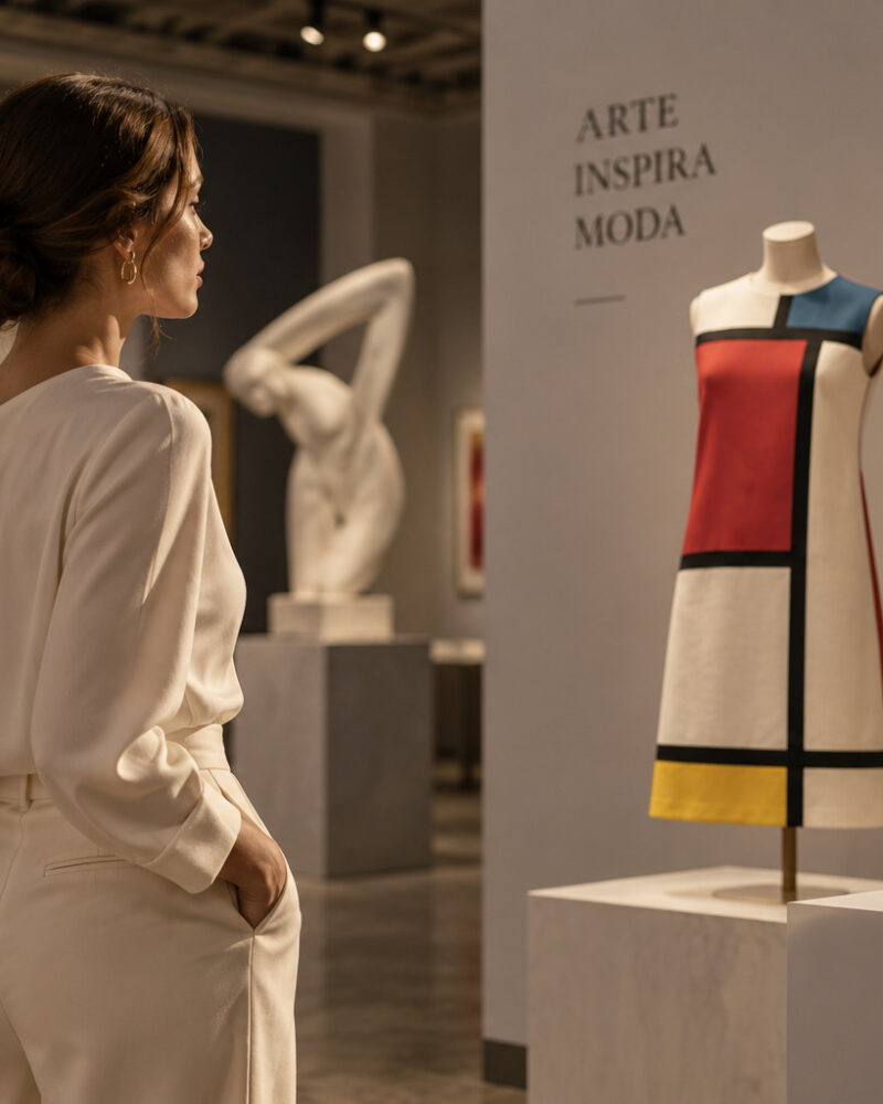 Mulher em galeria de arte contemplando peças que unem moda e arte – Matisse, Mondrian e Warhol como inspiração