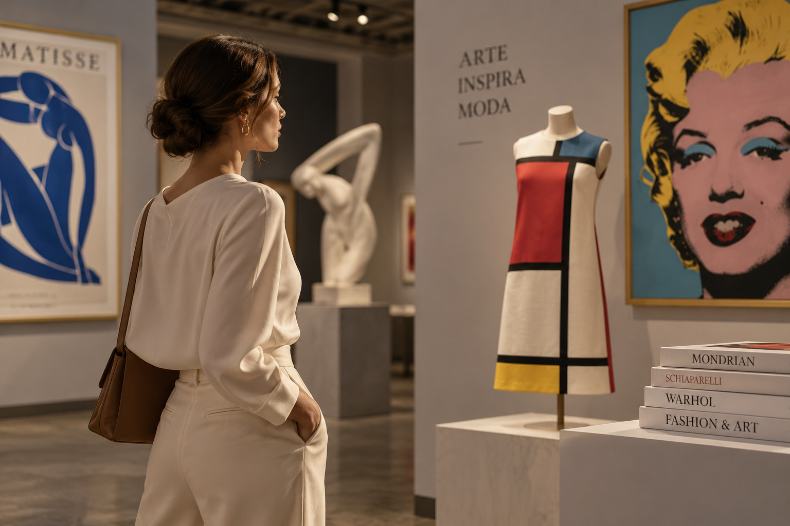 Mulher em galeria de arte contemplando peças que unem moda e arte – Matisse, Mondrian e Warhol como inspiração