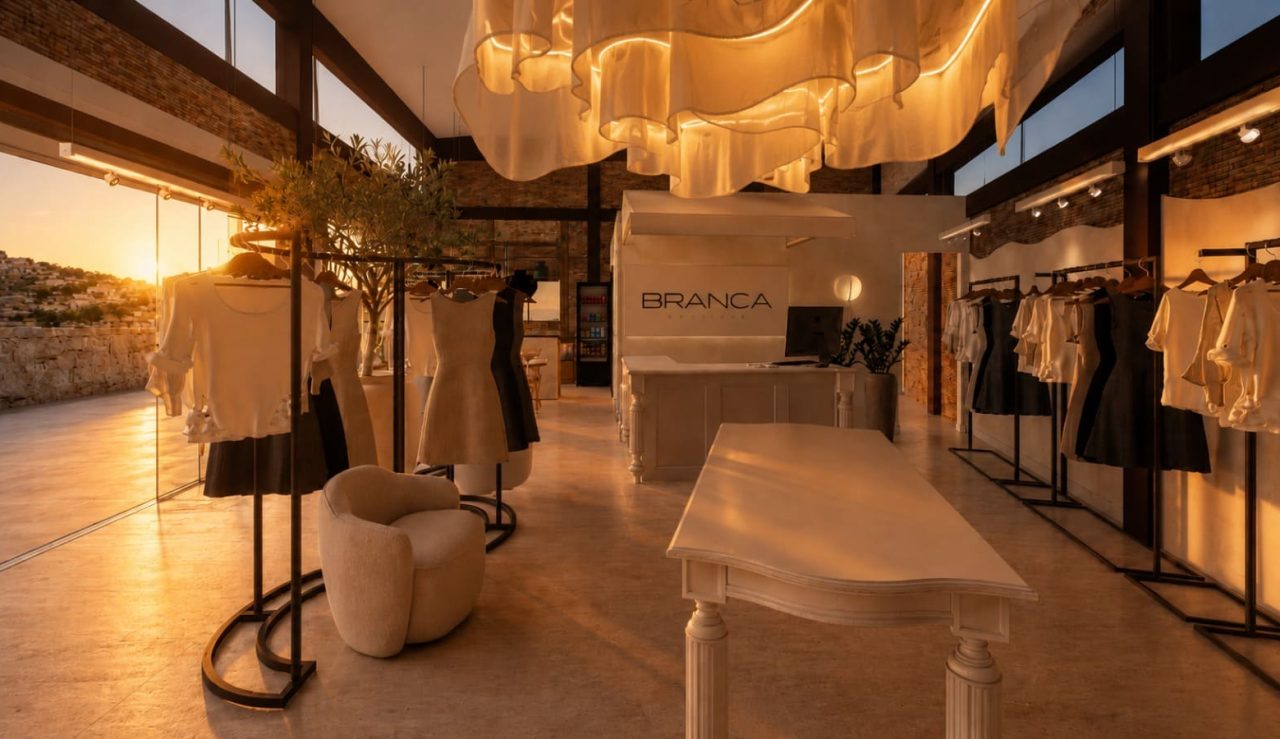 Interior loja Branca Boutique Itaipava Petrópolis luz dourada pôr do sol teto orgânico araras manequins mesa central ambiente